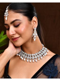 VOJ - Silver-Plated Cz Stone And Pearl Necklace With Earrings And Maang Tikka Set