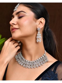 VOJ - Silver-Plated Ad Stone Studded Necklace With Earrings And Maang Tikka Set