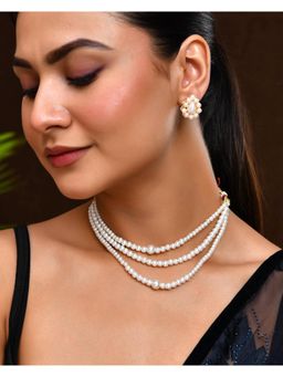 VOJ - Gold Plated Artificial Pearl Mutli Layer Necklace And Earrings Set