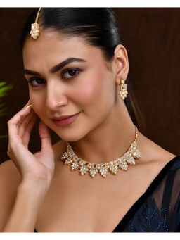 VOJ - Gold Plated Stone Studded Necklace Set With Maang Tikka