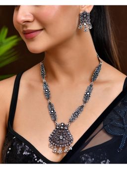VOJ - Oxidized Silver-Plated Artificial Stone And Beaded Long Jewellery Set