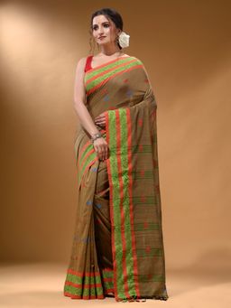 Arhi - Beige Cotton Handspun Soft Nakshi Border Saree with Unstitched Blouse