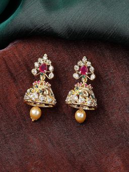 Estele - Gold Plated Cz Gorgeous Designer Jhumki Earrings With Pearl And Crystals For Women