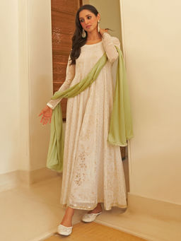 Janasya - White Chiffon Lurex Foil Printed Kurta & Dupatta (Set of 2)
