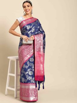 Silk Land - Womens Brocade Soft Silk Navy Blue Zari Woven Saree with Unstitched Blouse