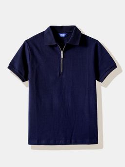 R&B - Navy Blue Cotton Textured Polo T-Shirt