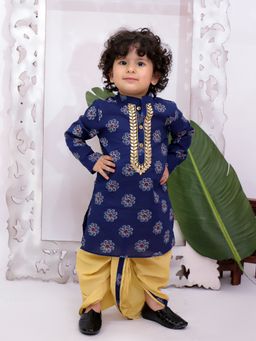 KID1 - Blue Cotton Mirror Work Kurta With Dhoti