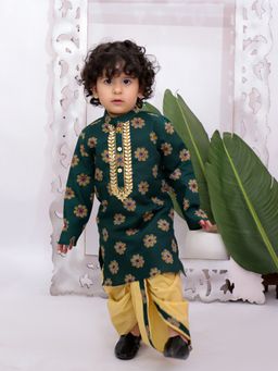KID1 - Green Cotton Mirror Work Kurta With Dhoti