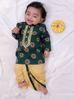 KID1 - Green Cotton Mirror Work Kurta With Dhoti