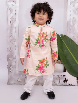 KID1 - Off White Cotton Floral Kurta With Pyjama