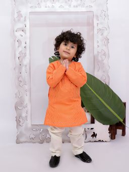 KID1 - Orange Cotton Embroidered Kurta With Pyjama