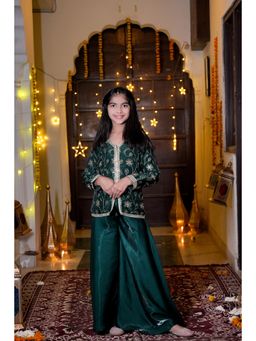 Misbis - Olive Silk Embroidered Kurti With Palazzo