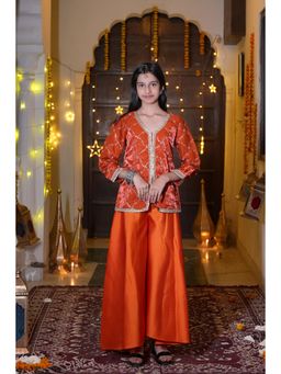 Misbis - Rust Silk Embroidered Kurti With Palazzo