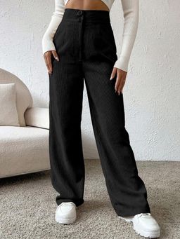 Buynewtrend - Black Non-Stretchable Cotton Ribbed Women’s Trouser