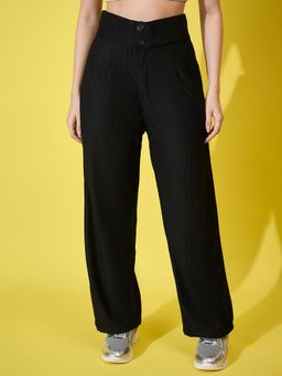 Buynewtrend - Black Cotton Ribbed Non-Stretchable Women’s Trouser