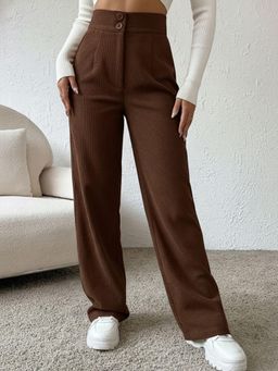 Buynewtrend - Coffee Non-Stretchable Cotton Ribbed Women’s Trouser