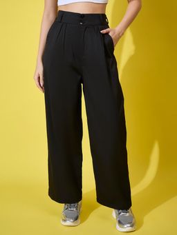 Buynewtrend - Black Cotton Twill Non-Stretchable Women’S Trouser