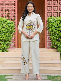 ZUMMER - Cotton Embroidered Beige Co-Ord Set