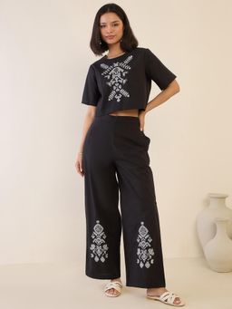 ZUMMER - Cotton Embroidered Round Neck Black Top with Pant