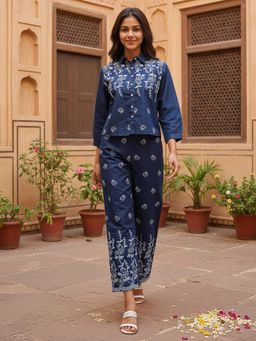 ZUMMER - Navy Blue Denim Embroidered Co-Ord Set