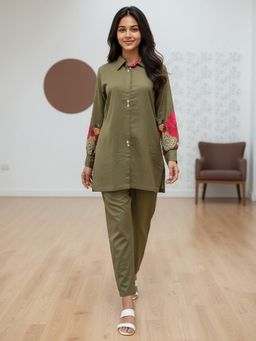 ZUMMER - Cotton Floral Embroidered Olive Co-Ord Set