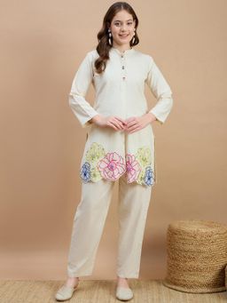 ZUMMER - Cotton Off White Floral Embroidered Co-Ord Set