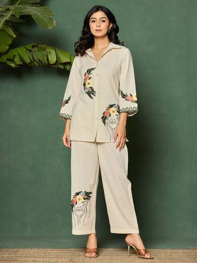 Cotton Off White Floral Embroidered Co-Ord Set