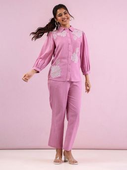 ZUMMER - Cotton Pink Embroidered Three Fourth Sleeves Co-Ord Set