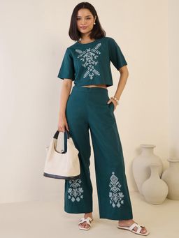 ZUMMER - Embroidered Teal Crop Top with Pant