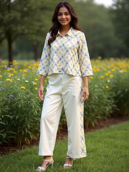 ZUMMER - Cotton Embroidered Collar Neck Off White Co-Ord Set