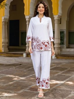 ZUMMER - Cotton Embroidered White Co-Ord Set