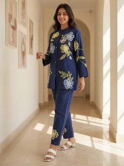 ZUMMER - Cotton Embroidered Navy Blue Co-Ord Set
