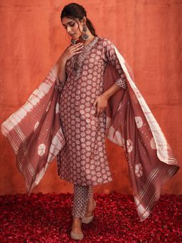 Indya - Brown Floral Print Muslin Kurta With Pants And Dupatta (Set of 3)
