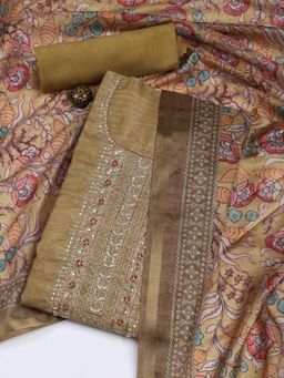 MEENA BAZAAR - Neck Embroidery Art Tussar Green Unstitched Dress Material with Dupatta