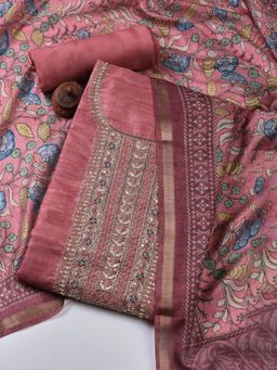 MEENA BAZAAR - Neck Embroidery Art Tussar Pink Unstitched Dress Material with Dupatta