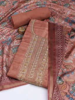 MEENA BAZAAR - Neck Embroidery Art Tussar Peach Unstitched Dress Material with Dupatta