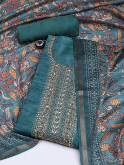 MEENA BAZAAR - Neck Embroidery Art Tussar Teal Unstitched Dress Material with Dupatta