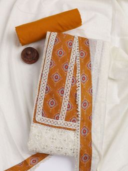MEENA BAZAAR - Printed Cotton Blend Mustard Unstitched Dress Material with Dupatta