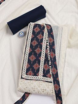 MEENA BAZAAR - Printed Cotton Blend Navy Blue Unstitched Dress Material with Dupatta