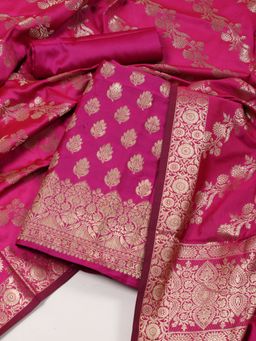 MEENA BAZAAR - Woven Banarasi Chanderi Magenta Unstitched Dress Material with Dupatta