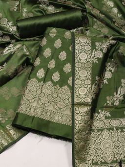 MEENA BAZAAR - Woven Banarasi Chanderi Green Unstitched Dress Material with Dupatta