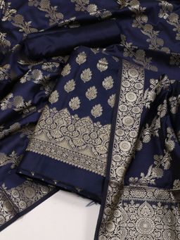 MEENA BAZAAR - Woven Banarasi Chanderi Navy Blue Unstitched Dress Material with Dupatta