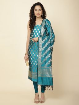 MEENA BAZAAR - Woven Banarasi Chanderi Blue Unstitched Dress Material with Dupatta