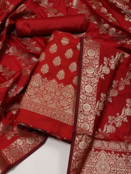 MEENA BAZAAR - Woven Banarasi Chanderi Red Unstitched Dress Material with Dupatta