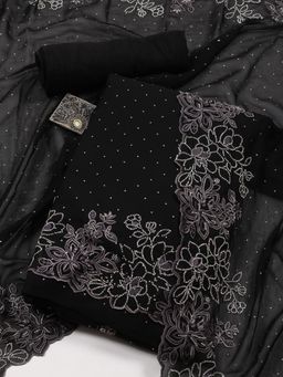 MEENA BAZAAR - Stone Embroidery Art Silk Black Unstitched Dress Material with Dupatta