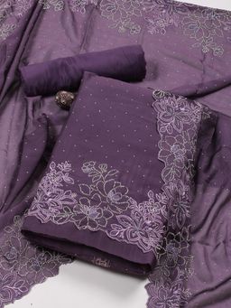 MEENA BAZAAR - Stone Embroidery Art Silk Lavender Unstitched Dress Material with Dupatta