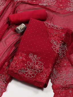 MEENA BAZAAR - Stone Embroidery Art Silk Maroon Unstitched Dress Material with Dupatta