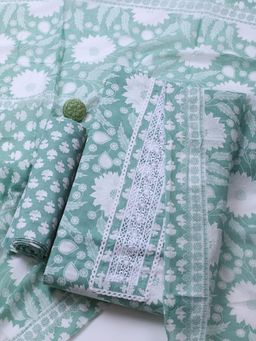 MEENA BAZAAR - Printed Cotton Blend Green Unstitched Dress Material with Dupatta