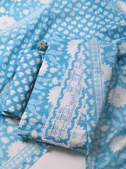 MEENA BAZAAR - Printed Cotton Blend Blue Unstitched Dress Material with Dupatta