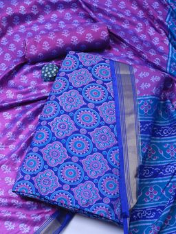 MEENA BAZAAR - Printed Art Silk Blue Unstitched Dress Material with Dupatta